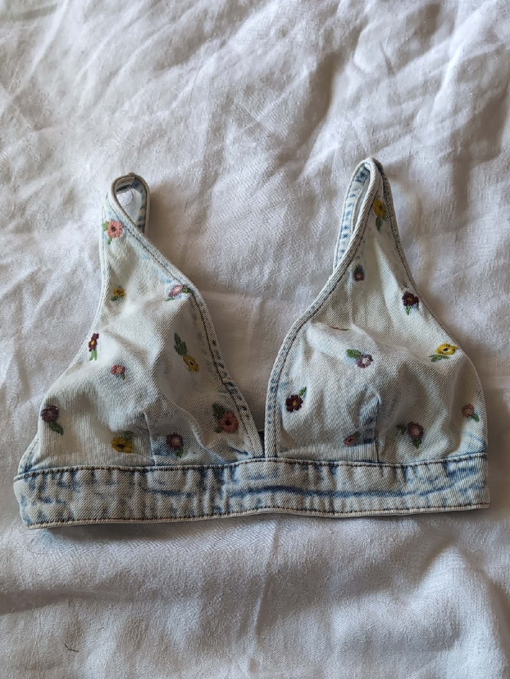 wild fable light wash denim floral bralette with yellow embroidery